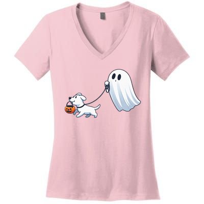 Funny Ghost Walking Dog Ghost Dog Halloween Night Women's V-Neck T-Shirt