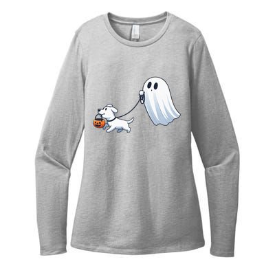 Funny Ghost Walking Dog Ghost Dog Halloween Night Womens CVC Long Sleeve Shirt