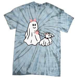 Funny Ghost Walking Dog Spooky Season Halloween Coquette Tie-Dye T-Shirt