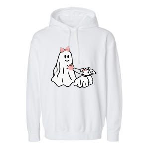 Funny Ghost Walking Dog Spooky Season Halloween Coquette Garment-Dyed Fleece Hoodie