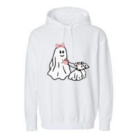 Funny Ghost Walking Dog Spooky Season Halloween Coquette Garment-Dyed Fleece Hoodie