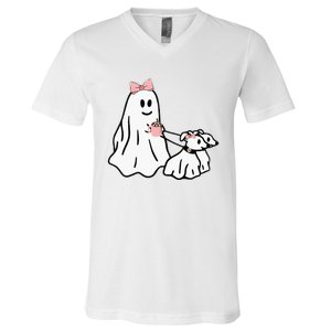 Funny Ghost Walking Dog Spooky Season Halloween Coquette V-Neck T-Shirt