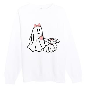 Funny Ghost Walking Dog Spooky Season Halloween Coquette Premium Crewneck Sweatshirt