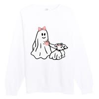 Funny Ghost Walking Dog Spooky Season Halloween Coquette Premium Crewneck Sweatshirt