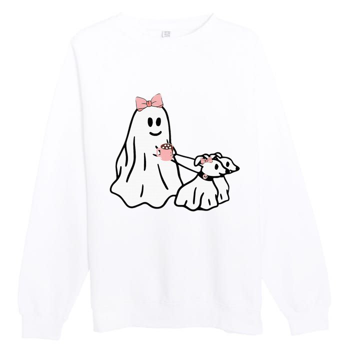 Funny Ghost Walking Dog Spooky Season Halloween Coquette Premium Crewneck Sweatshirt