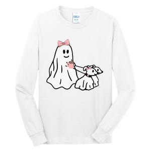 Funny Ghost Walking Dog Spooky Season Halloween Coquette Tall Long Sleeve T-Shirt