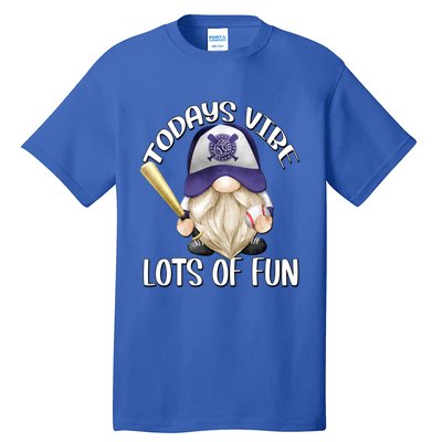 Funny Gnome With Purple Basebal Cap For Baseball Coach Dad Meaningful Gift Tall T-Shirt