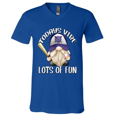 Funny Gnome With Purple Basebal Cap For Baseball Coach Dad Meaningful Gift V-Neck T-Shirt