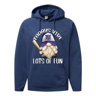 Funny Gnome With Purple Basebal Cap For Baseball Coach Dad Meaningful Gift Performance Fleece Hoodie