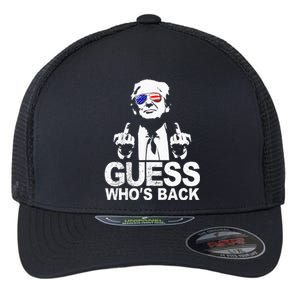 Funny Guess WhoS Back President Donald Trump Middle Finger Flexfit Unipanel Trucker Cap