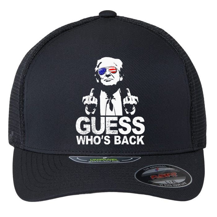 Funny Guess WhoS Back President Donald Trump Middle Finger Flexfit Unipanel Trucker Cap