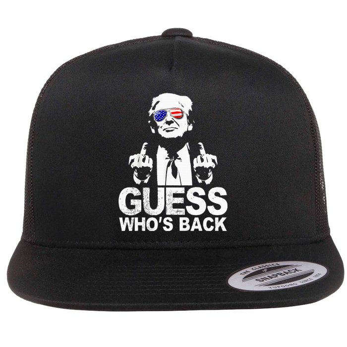 Funny Guess WhoS Back President Donald Trump Middle Finger Flat Bill Trucker Hat