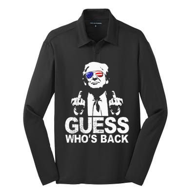 Funny Guess WhoS Back President Donald Trump Middle Finger Silk Touch Performance Long Sleeve Polo