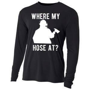 Firemen Gift Wheres My Hose At Funny Firefighter Gift Cooling Performance Long Sleeve Crew