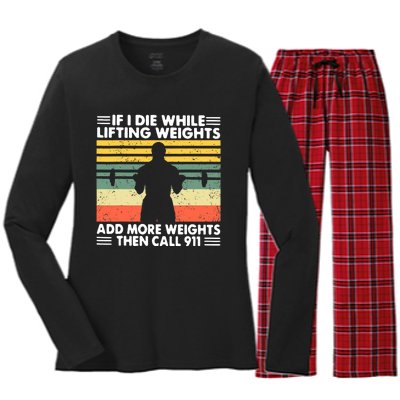 Funny Gym Workout If I Die While Lifting Weights Then Call 911 Vintage Women's Long Sleeve Flannel Pajama Set 