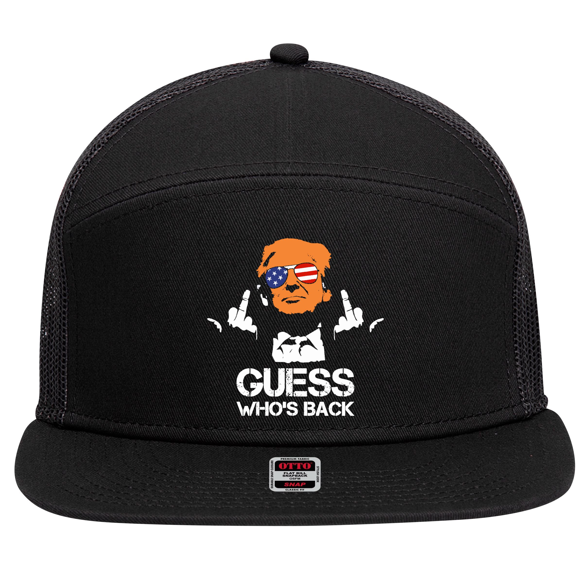 Funny Guess Who Is Back President Trump 2024 7 Panel Mesh Trucker Snapback Hat