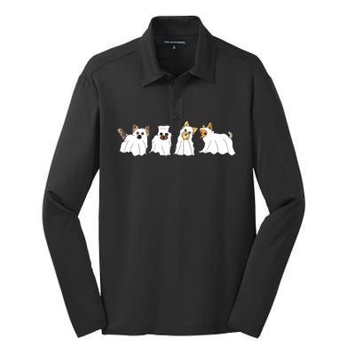 Funny Ghost Yorkshire Terrier Yorkie Dog Lover Halloween Day Silk Touch Performance Long Sleeve Polo