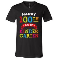 funny Happy 100th Day Of Kindergarten For Teacher V-Neck T-Shirt