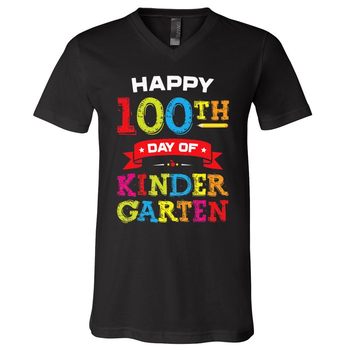 funny Happy 100th Day Of Kindergarten For Teacher V-Neck T-Shirt