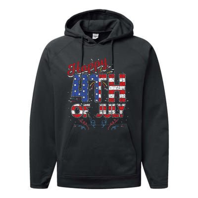 Fireworks Happy 4th Of July US Flag American 4th Of July Performance Fleece Hoodie