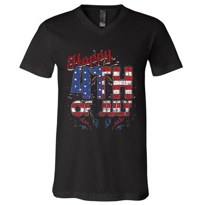 Fireworks Happy 4th Of July US Flag American 4th Of July V-Neck T-Shirt