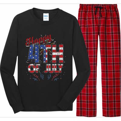 Fireworks Happy 4th Of July US Flag American 4th Of July Long Sleeve Pajama Set