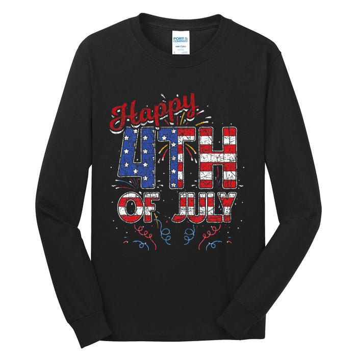 Fireworks Happy 4th Of July US Flag American 4th Of July Tall Long Sleeve T-Shirt