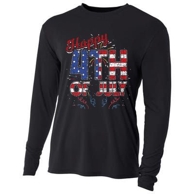 Fireworks Happy 4th Of July US Flag American 4th Of July Cooling Performance Long Sleeve Crew