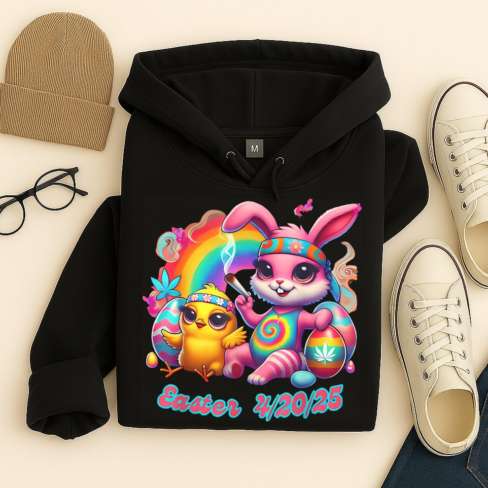 Funny Happy 420 Easter Bunny Chick Smoking Weed Cannabis Hoodie