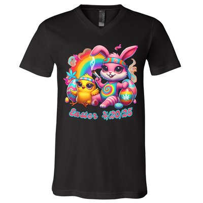 Funny Happy 420 Easter Bunny Chick Smoking Weed Cannabis V-Neck T-Shirt