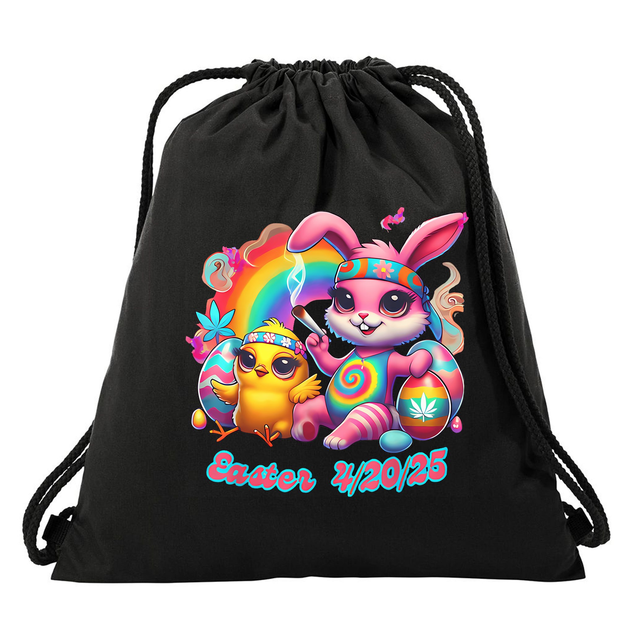 Funny Happy 420 Easter Bunny Chick Smoking Weed Cannabis Drawstring Bag