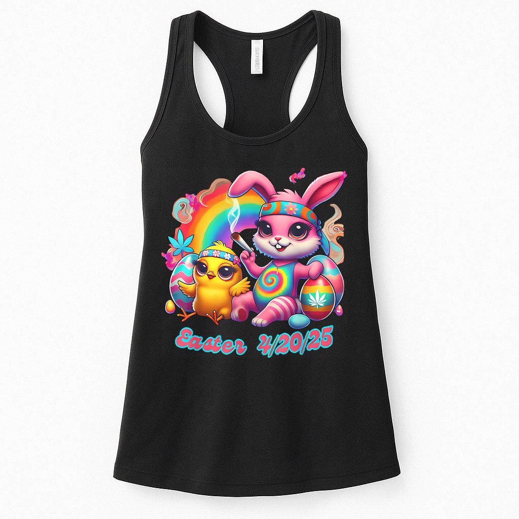Funny Happy 420 Easter Bunny Chick Smoking Weed Cannabis Womens Tank Top