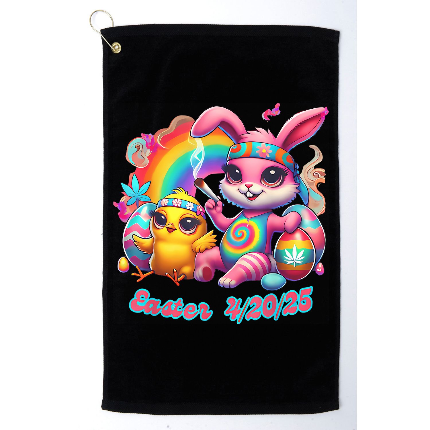 Funny Happy 420 Easter Bunny Chick Smoking Weed Cannabis Golf Towel