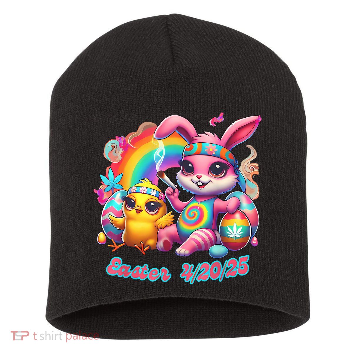 Funny Happy 420 Easter Bunny Chick Smoking Weed Cannabis Short Acrylic Beanie
