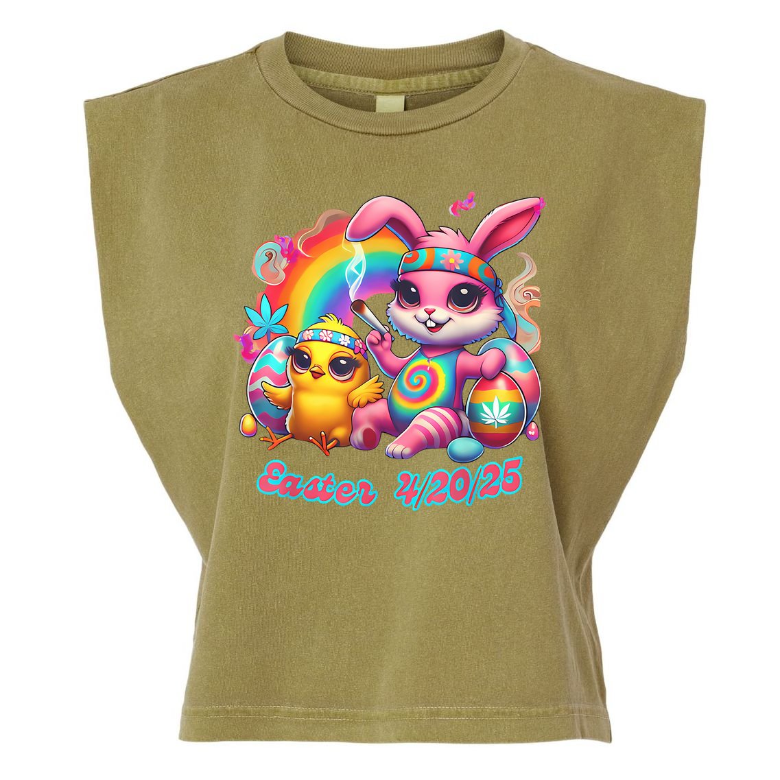 Funny Happy 420 Easter Bunny Chick Smoking Weed Cannabis Garment-Dyed Women's Muscle Tee