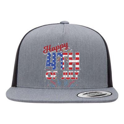 Fireworks Happy 4th Of July US Flag American 4th Of July Flat Bill Trucker Hat