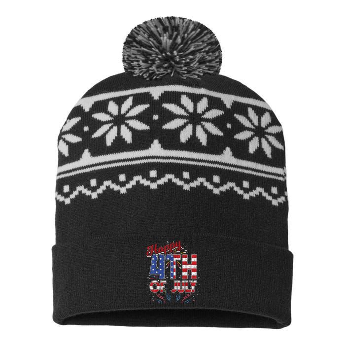 Fireworks Happy 4th Of July US Flag American 4th Of July USA-Made Snowflake Beanie