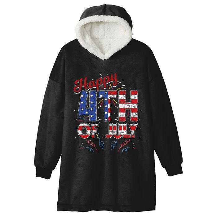 Fireworks Happy 4th Of July US Flag American 4th Of July Hooded Wearable Blanket