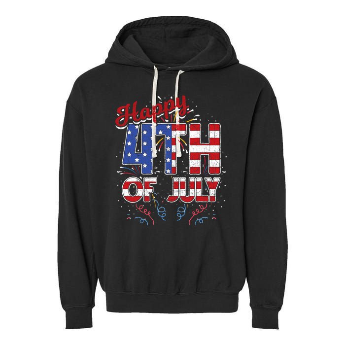 Fireworks Happy 4th Of July US Flag American 4th Of July Garment-Dyed Fleece Hoodie