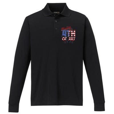 Fireworks Happy 4th Of July US Flag American 4th Of July Performance Long Sleeve Polo