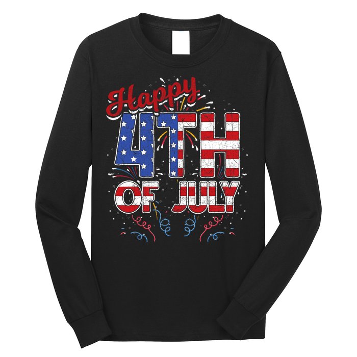 Fireworks Happy 4th Of July US Flag American 4th Of July Long Sleeve Shirt