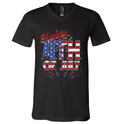 Fireworks Happy 4th Of July US Flag American 4th Of July V-Neck T-Shirt