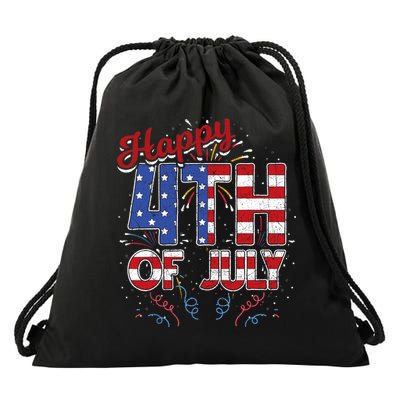 Fireworks Happy 4th Of July US Flag American 4th Of July Drawstring Bag