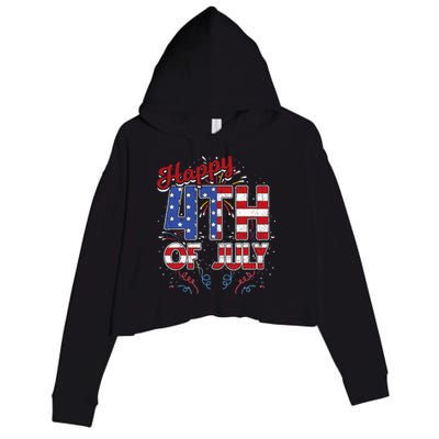Fireworks Happy 4th Of July US Flag American 4th Of July Crop Fleece Hoodie
