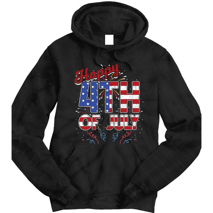 Fireworks Happy 4th Of July US Flag American 4th Of July Tie Dye Hoodie