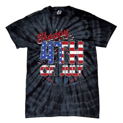 Fireworks Happy 4th Of July US Flag American 4th Of July Tie-Dye T-Shirt