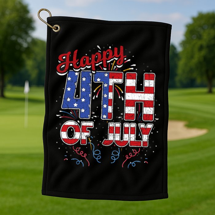 Fireworks Happy 4th Of July US Flag American 4th Of July Golf Towel