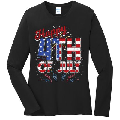 Fireworks Happy 4th Of July US Flag American 4th Of July Ladies Long Sleeve Shirt