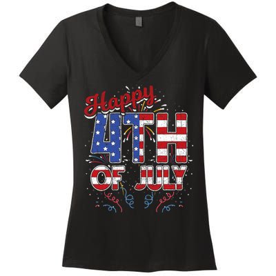 Fireworks Happy 4th Of July US Flag American 4th Of July Women's V-Neck T-Shirt