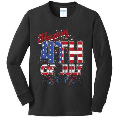 Fireworks Happy 4th Of July US Flag American 4th Of July Kids Long Sleeve Shirt